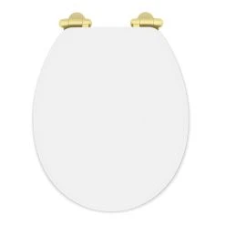 Toreno High Gloss White MDF Bottom Fixing Toilet Seat Brushed Brass Hinges